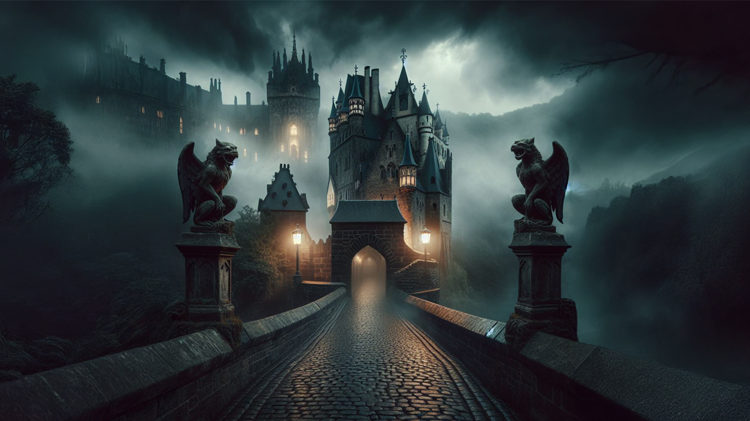 An image of a dark, moody, gothic scene on a castle bridge