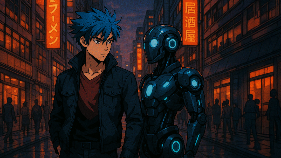 A blue-haired hero walking down a city street with a robot