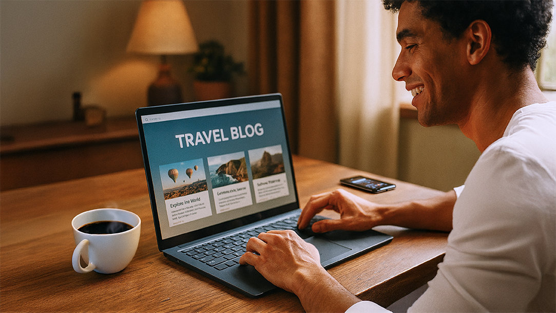 A happy person navigating their travel blog website that they created using an AI blog generator