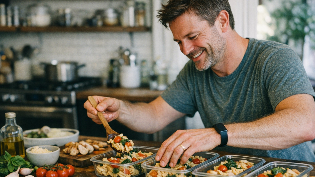 A person meal prepping a pasta dish in his kitchen