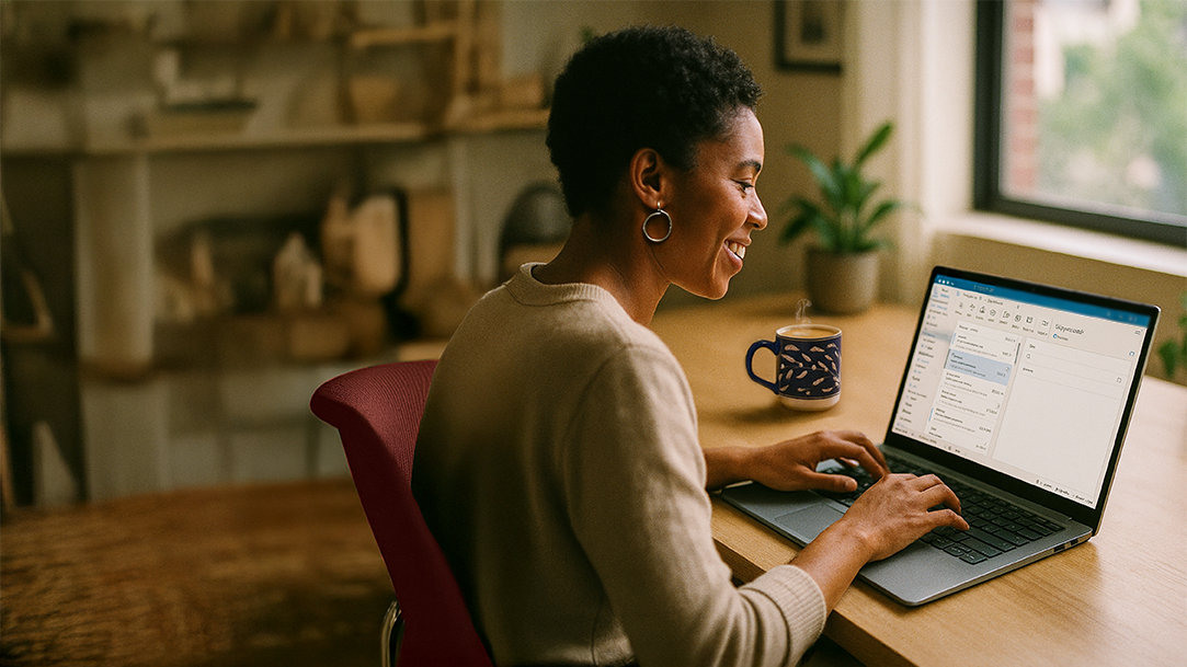 A happy person using an AI email assistant to help her write a response to an email chain