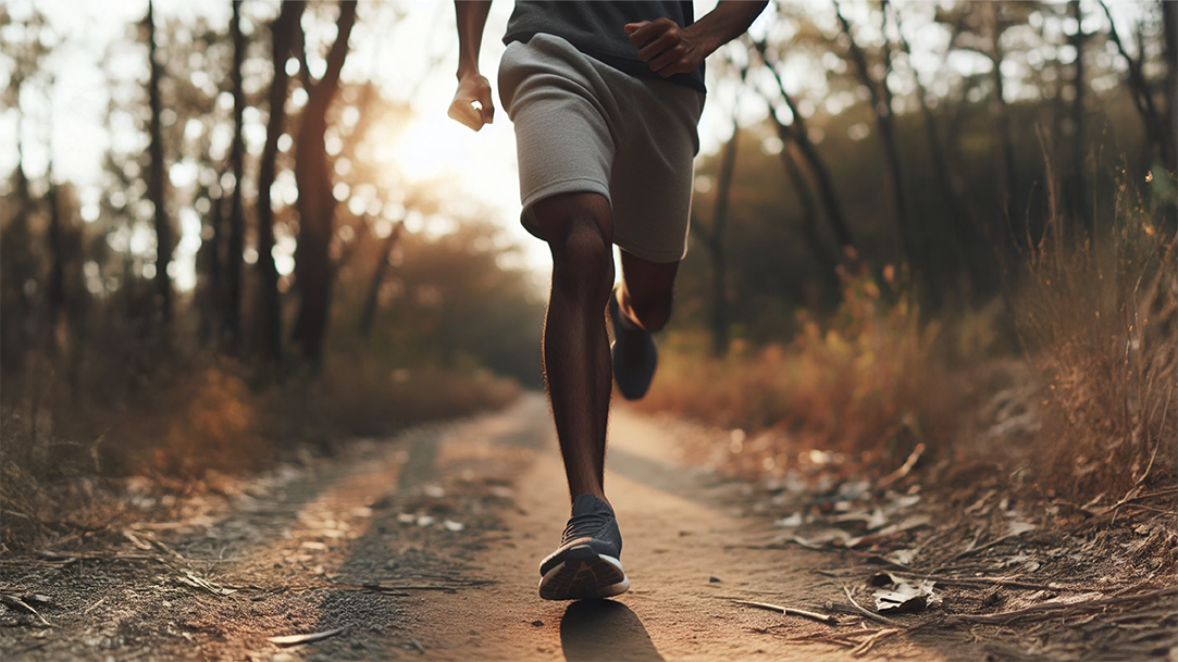A person running on a trail at sunset using their AI fitness coach