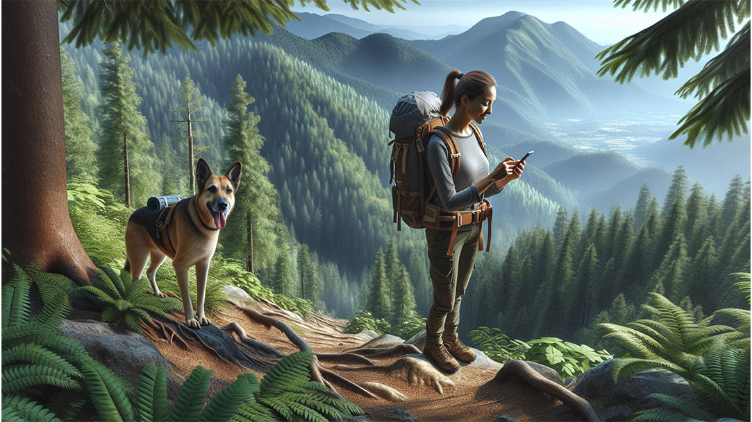 An image of a dog and a backpacker using a mobile phone hiking through a scenic forest