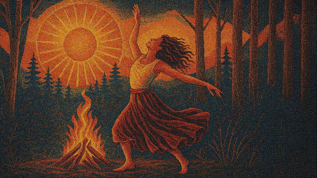 Batik-style textile tapestry design of a woman dancing