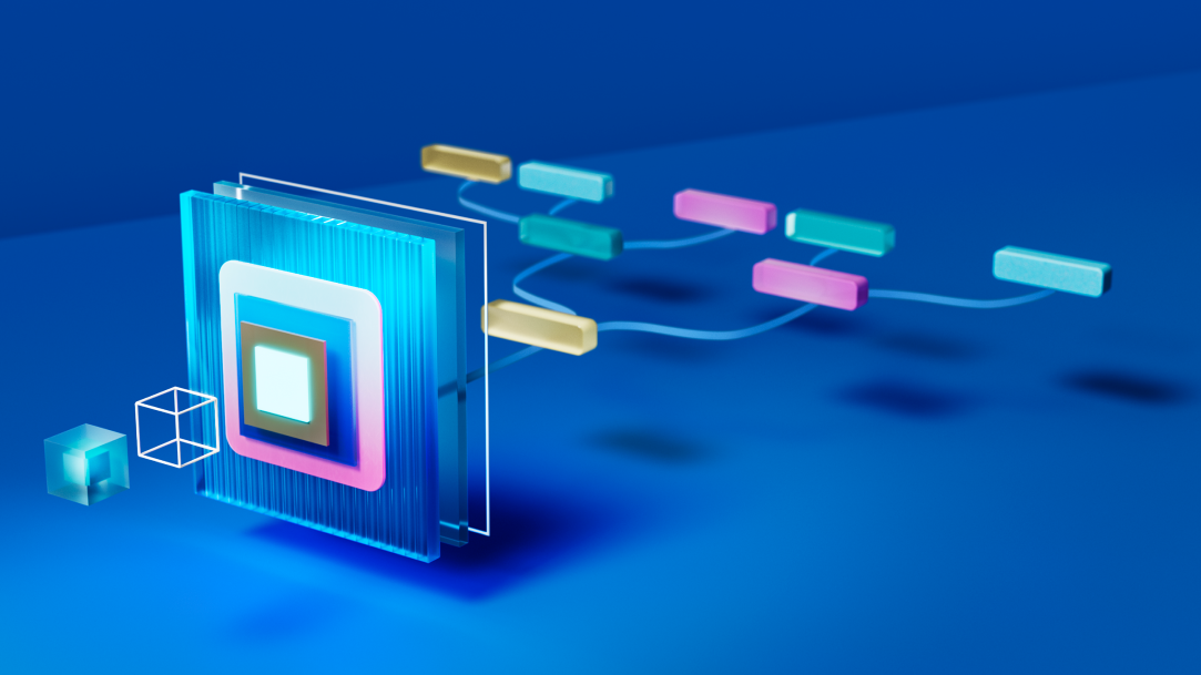 A 3D-rendered concept of machine learning, with multicolored blocks connected with thin strands