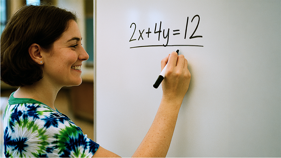 A smiling teacher demonstrating an algebra equation on a whiteboard