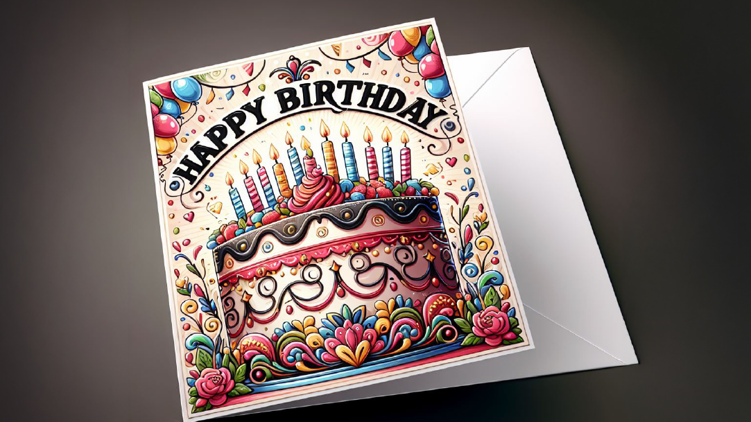 A colorful birthday card with an image of a decorated birthday cake, candles, and confetti on the front