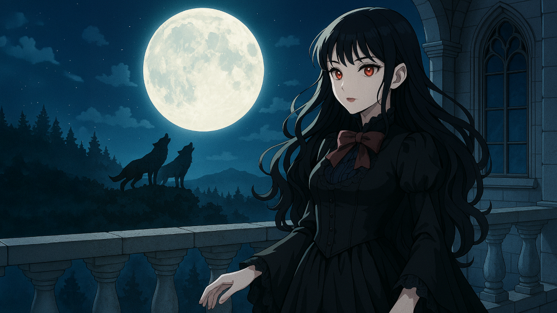 A Josei-style vampire character standing on a balcony in the moonlight