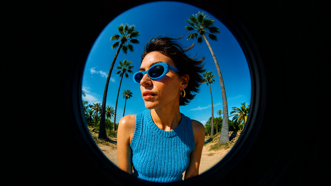 Camera lens tunnel-vision/heavy vignette of a woman funning in the sun
