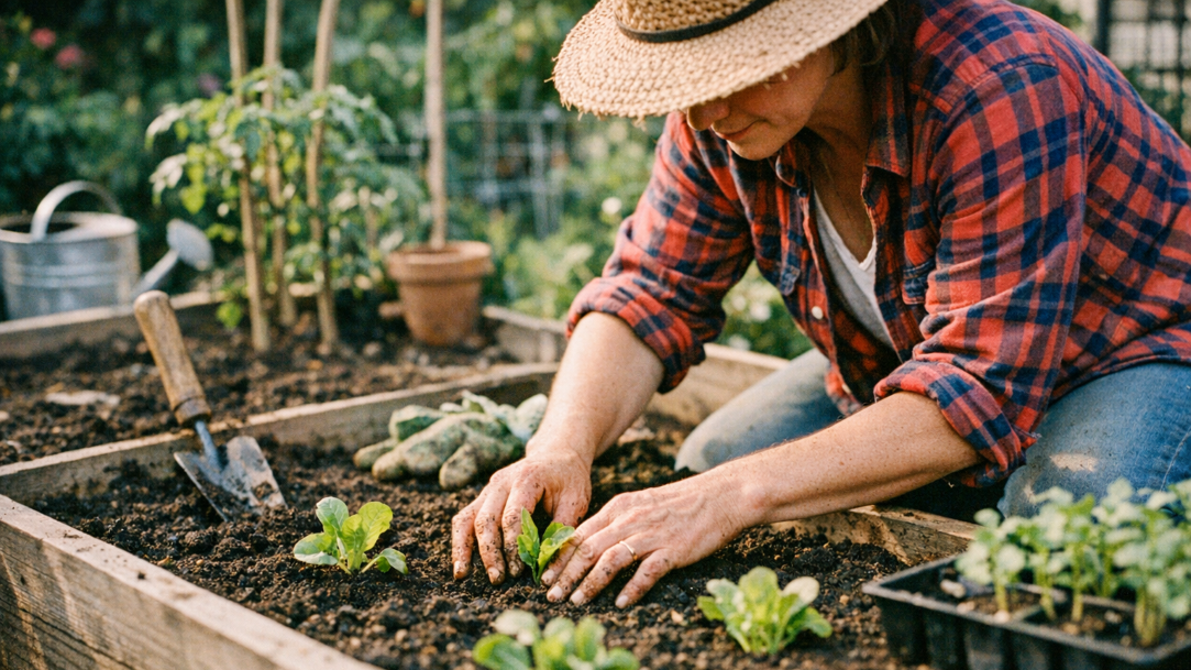 A happy gardener planting a vegetable garden