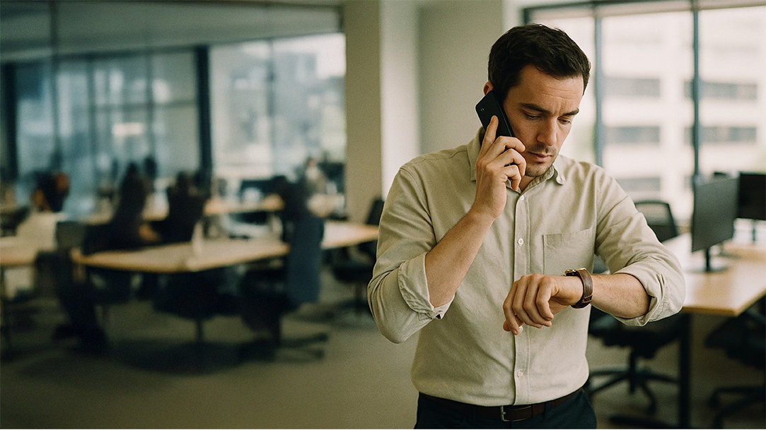 A man on the phone and checking his watch while walking through an office