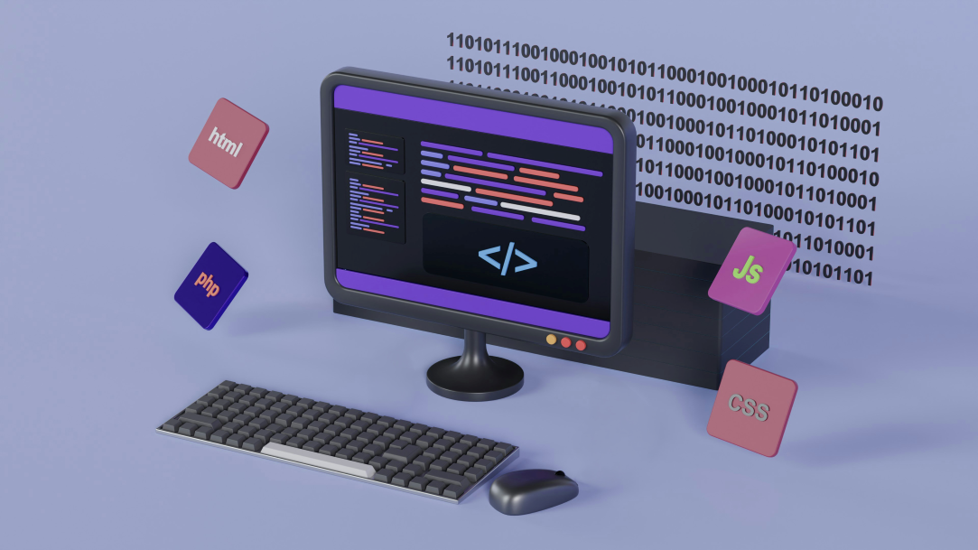 A computer with a keyboard and mouse on a purple background