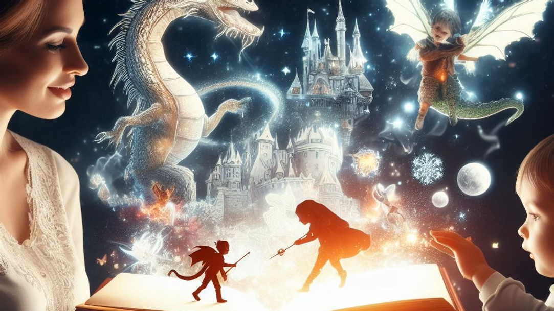 Woman and child reading a book that has come to life