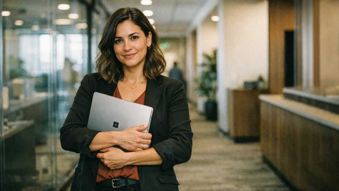 A confident person holding a Surface laptop in a modern office setting