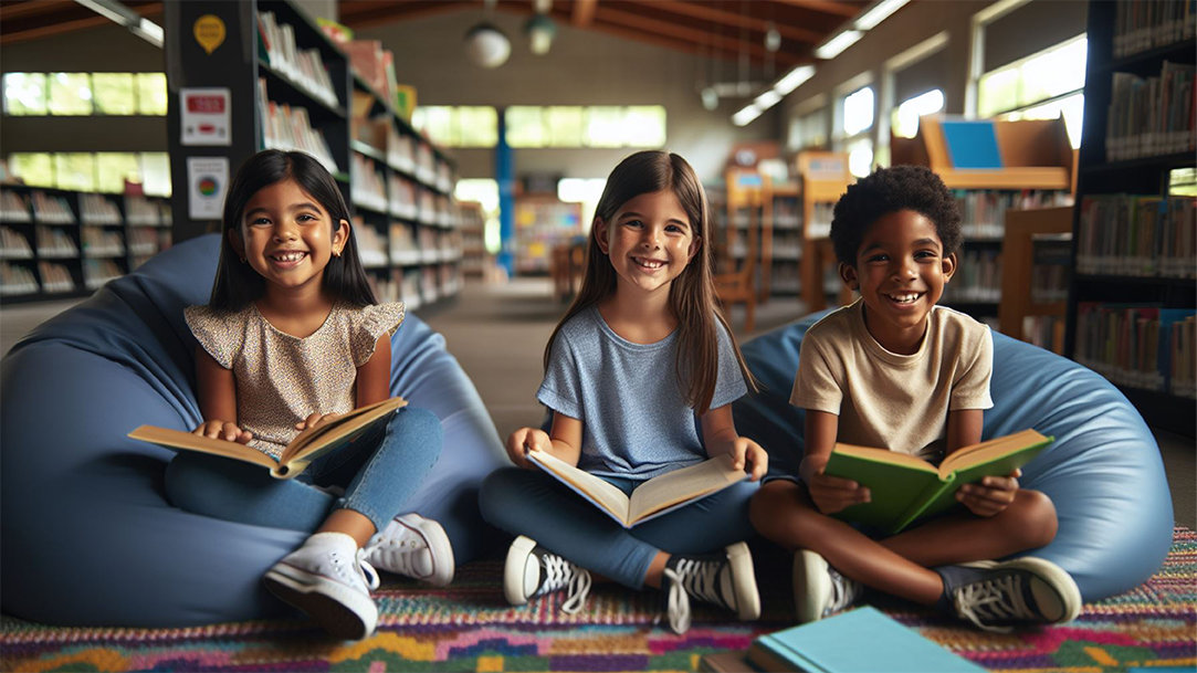 Three kids smiling and reading books in a public library