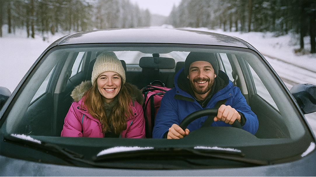 A happy couple on a winter road trip through snowy woods