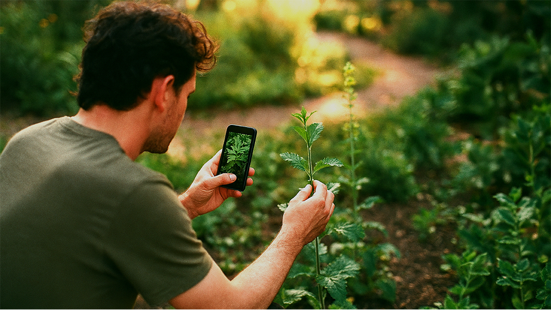 A man taking a picture of a plant to identify it with AI