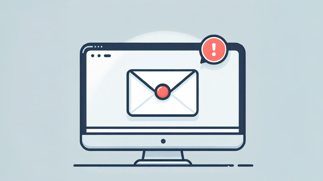 An illustration of an email envelope with a red notification dot on a computer screen with a plain background