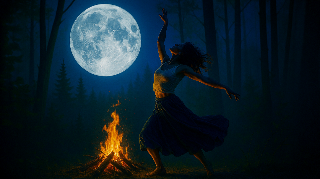 Silhouette of a woman dancing in front of a photo-realistic moon much larger than her