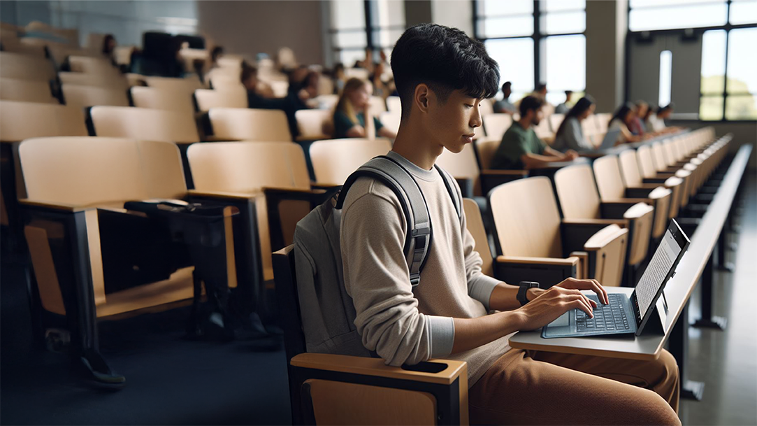 A student using an AI learning assistant to take notes on a Surface laptop during class