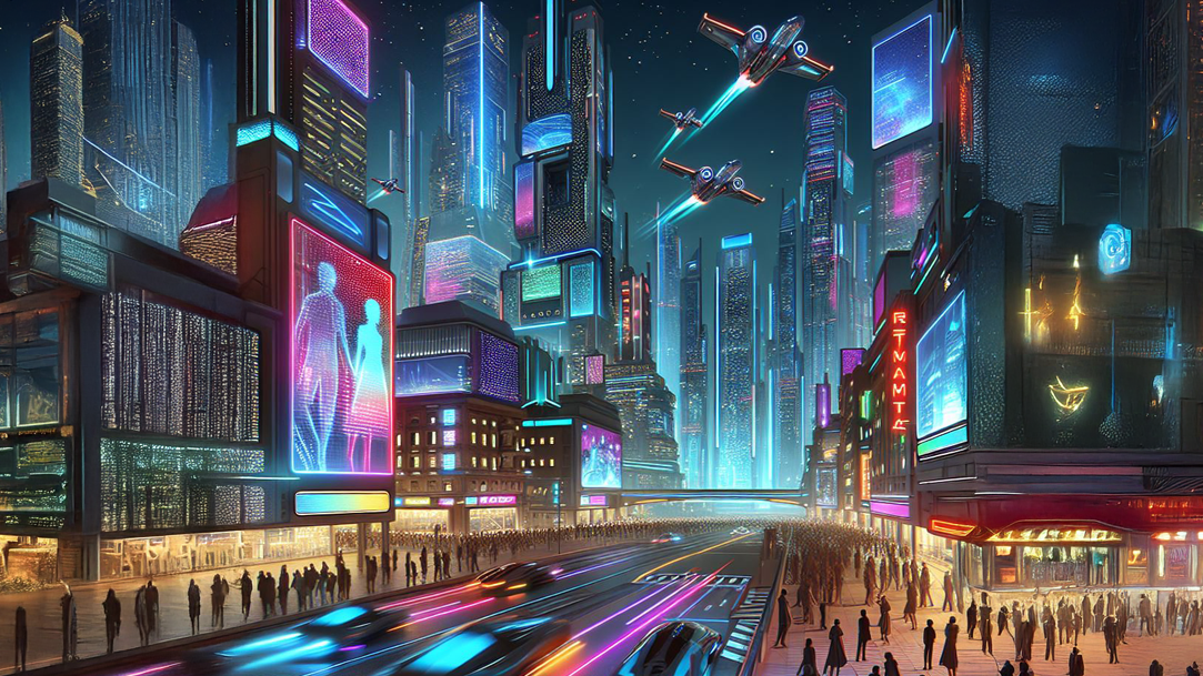 An image of an exciting futuristic cityscape at night, with neon lights and flying cars