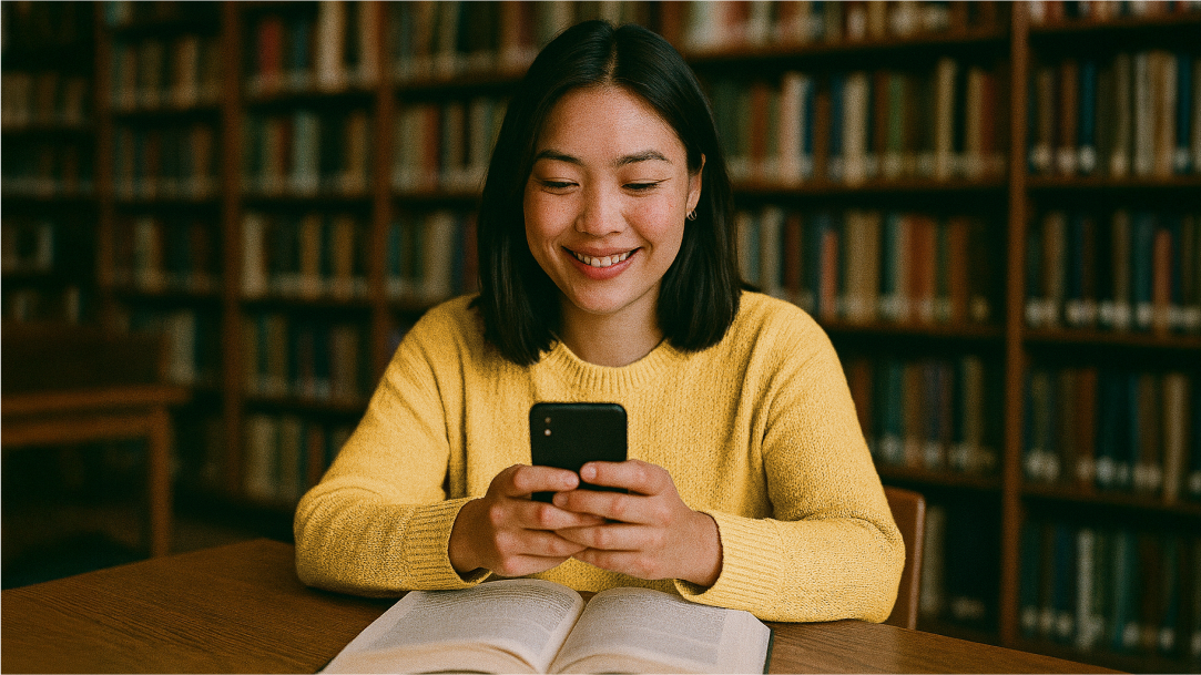 A happy person collaborating with Copilot in GroupMe on a group project while in a library