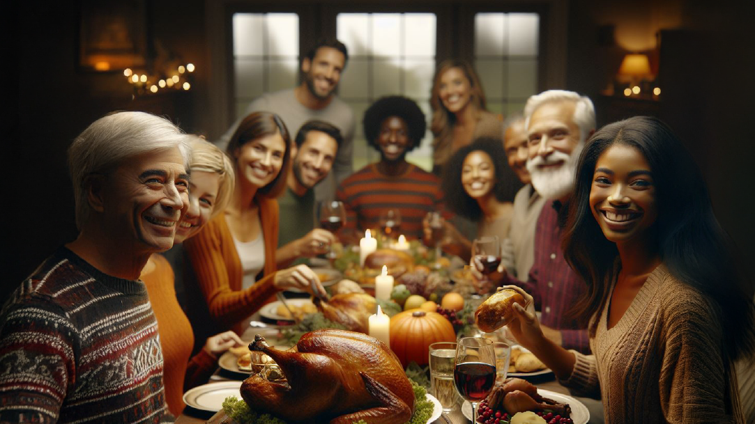 A group of friends gathered around a table set for a holiday dinner