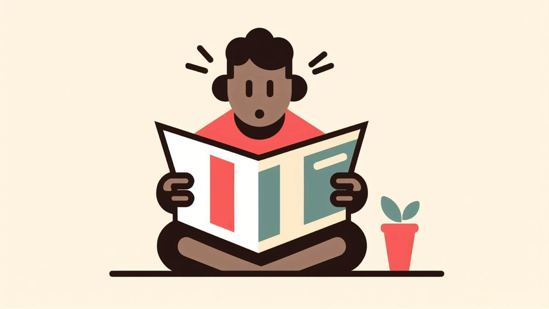 A cartoon of a person reading a physical newspaper