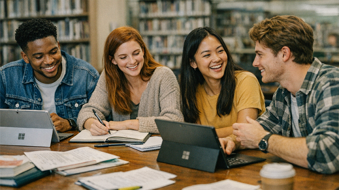 A group of students studying in the library using AI study tools