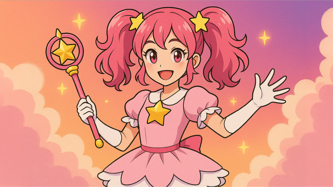 An AI anime character image of a cheerful magical girl with pink hair and star-shaped accessories