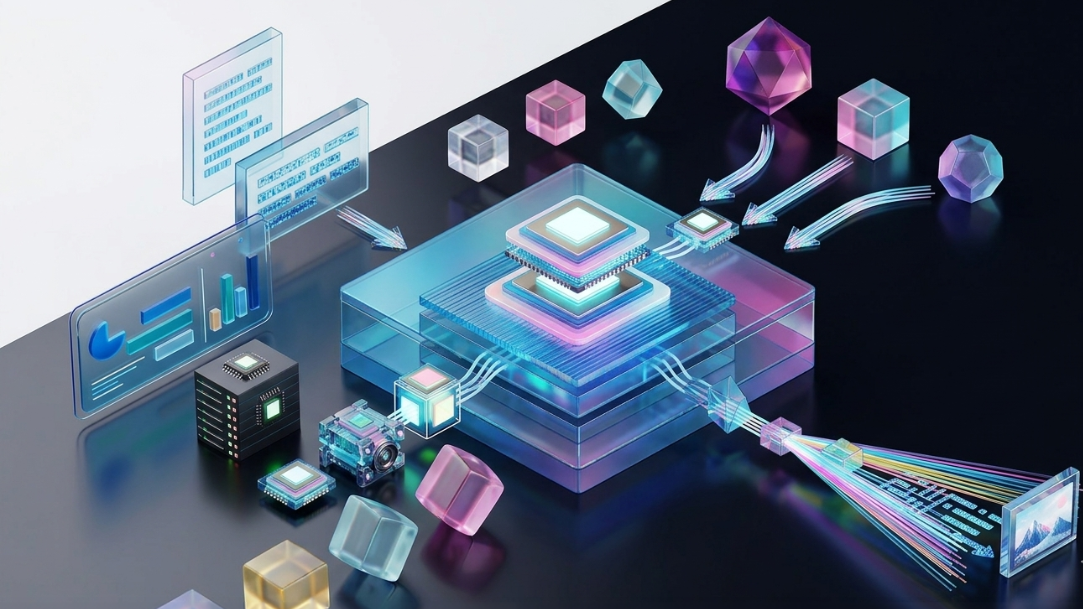 A 3D rendered illustration of a high-tech data core and a visualization of AI tokens