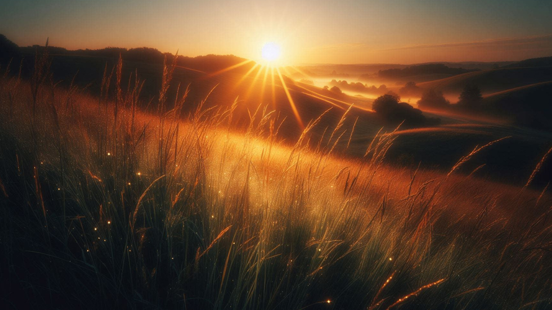 Grassy hills with the sun setting in the background