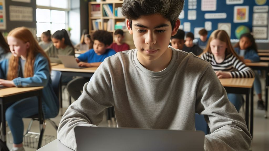 A male student sits at a desk in a classroom and works on a laptop. Other students are working in the background at their desks