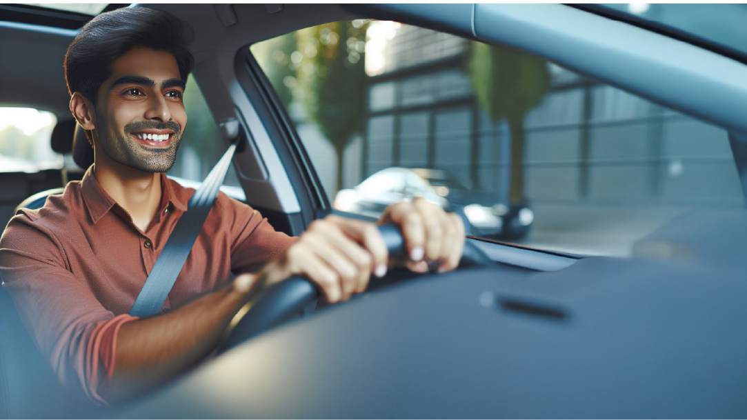 A person driving a car while smiling