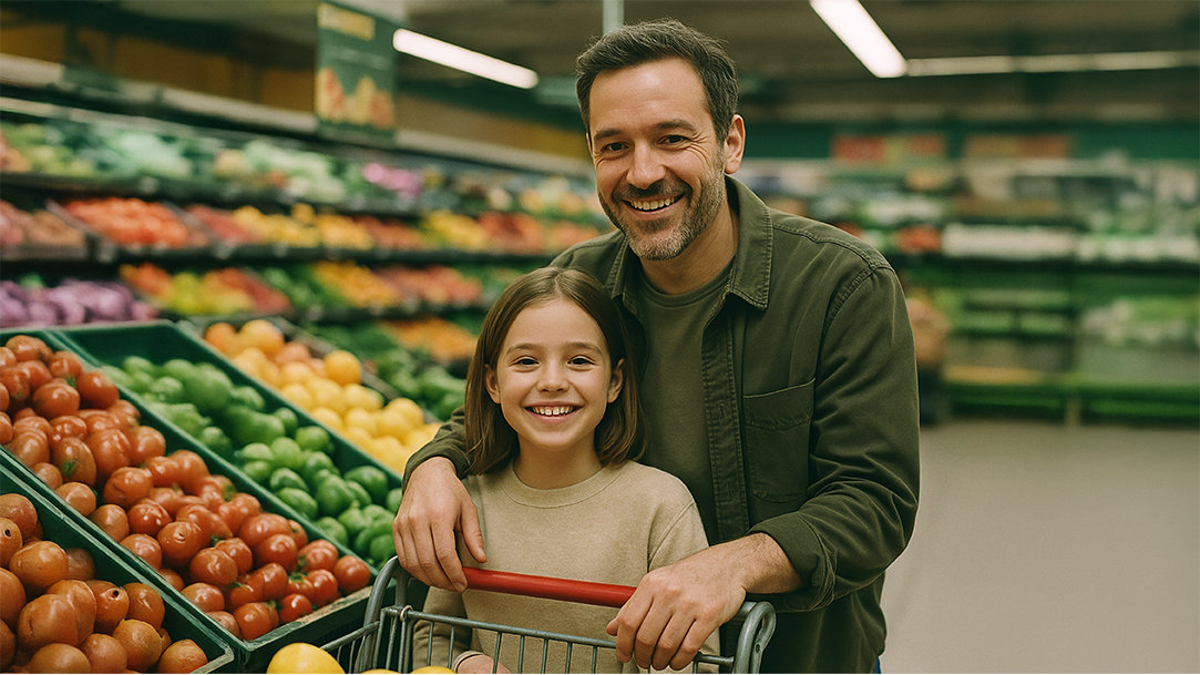 A parent and child grocery shopping together after using Copilot as an AI meal plan generator for their weekly meals
