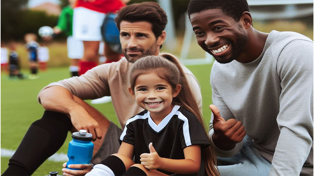 An image of two fathers and their daughter at her soccer game