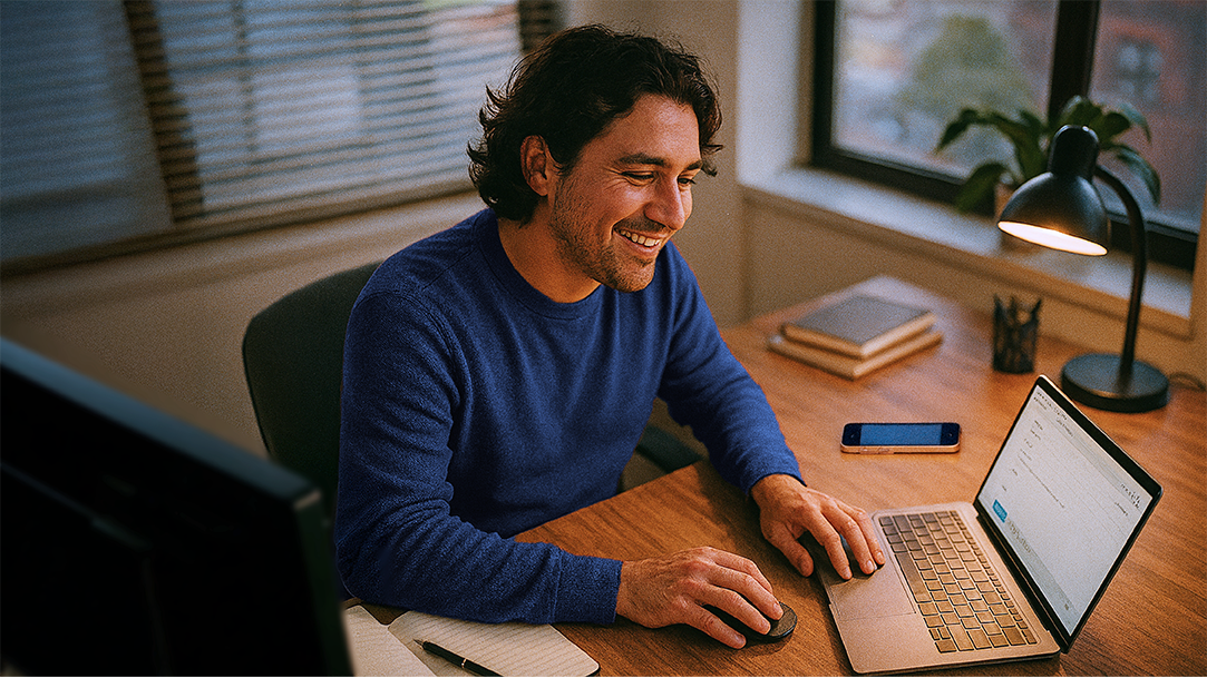 A high front angle of a happy person revising an email for work