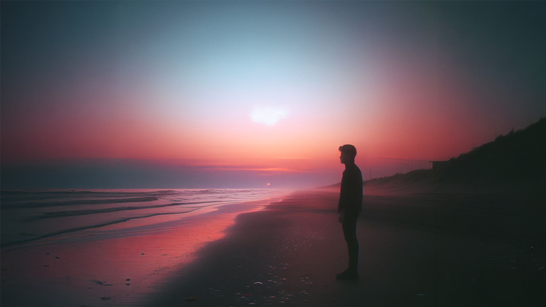 An image of a melancholic scene of a lone figure standing on a deserted beach at dusk