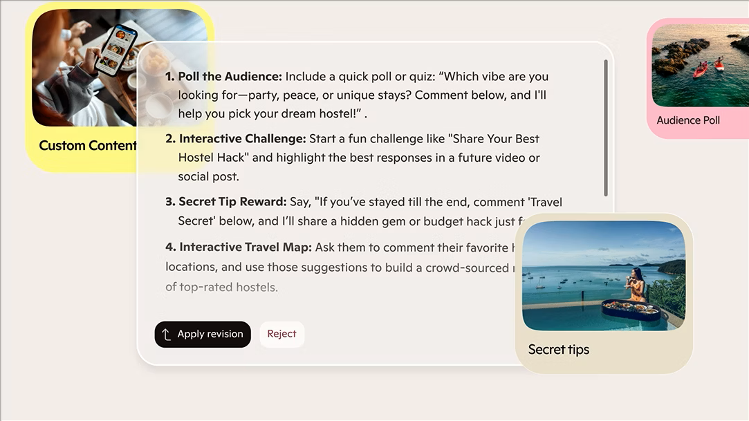 Text bubble listing suggestions for revisions layered over bubbles titled “Custom Content,” Audience Poll,” and “Secret Tips”
