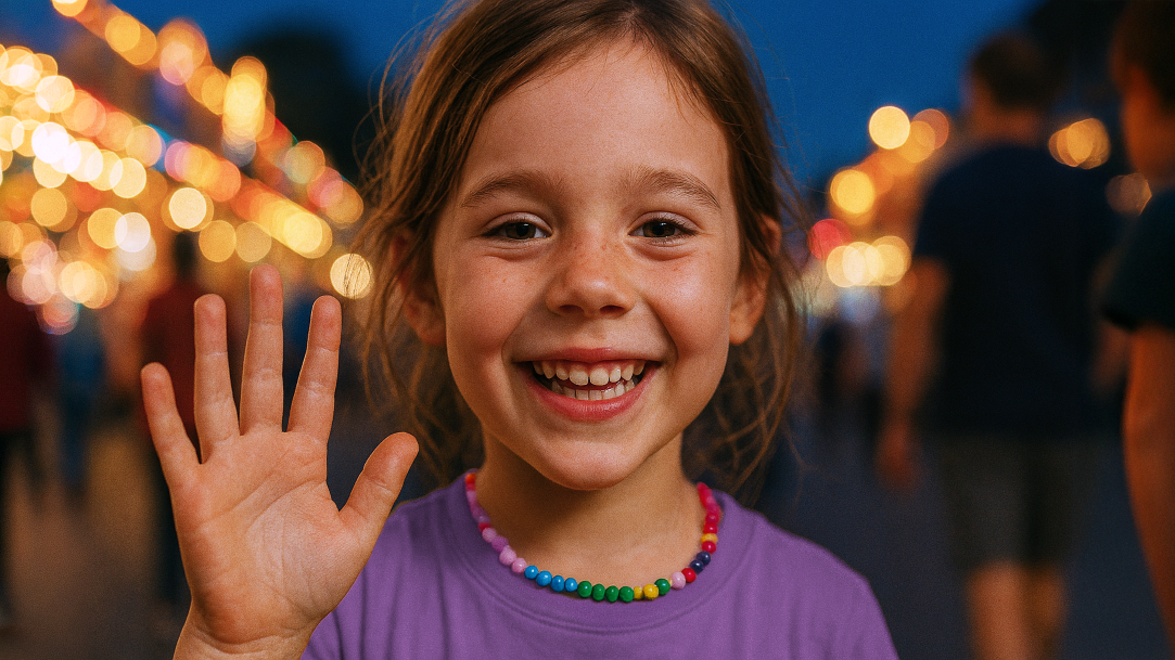 A child smiling and waving at a festival