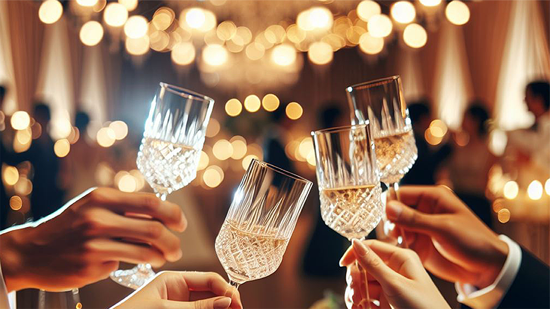 People holding up champagne glasses in a toast