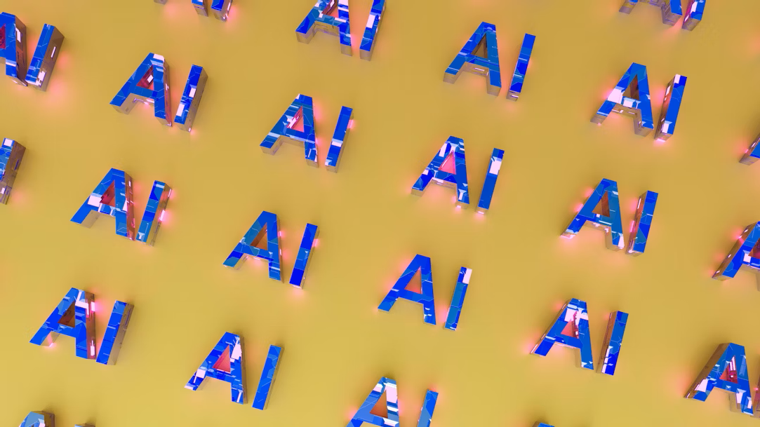 A futuristic 3D rendering of the word AI