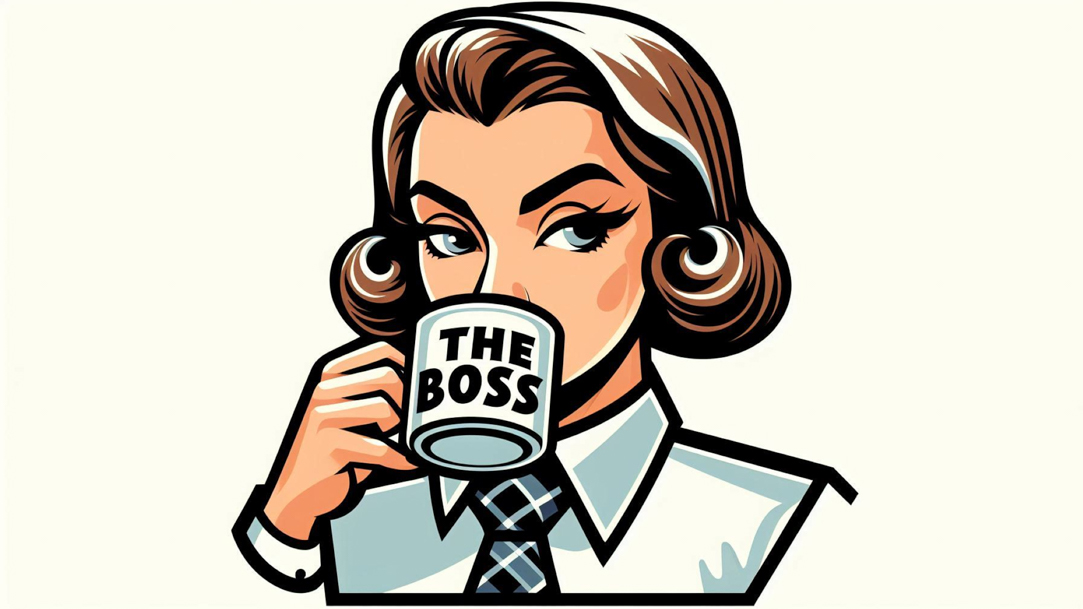 A cartoon of a person drinking from a mug that reads, “The Boss”