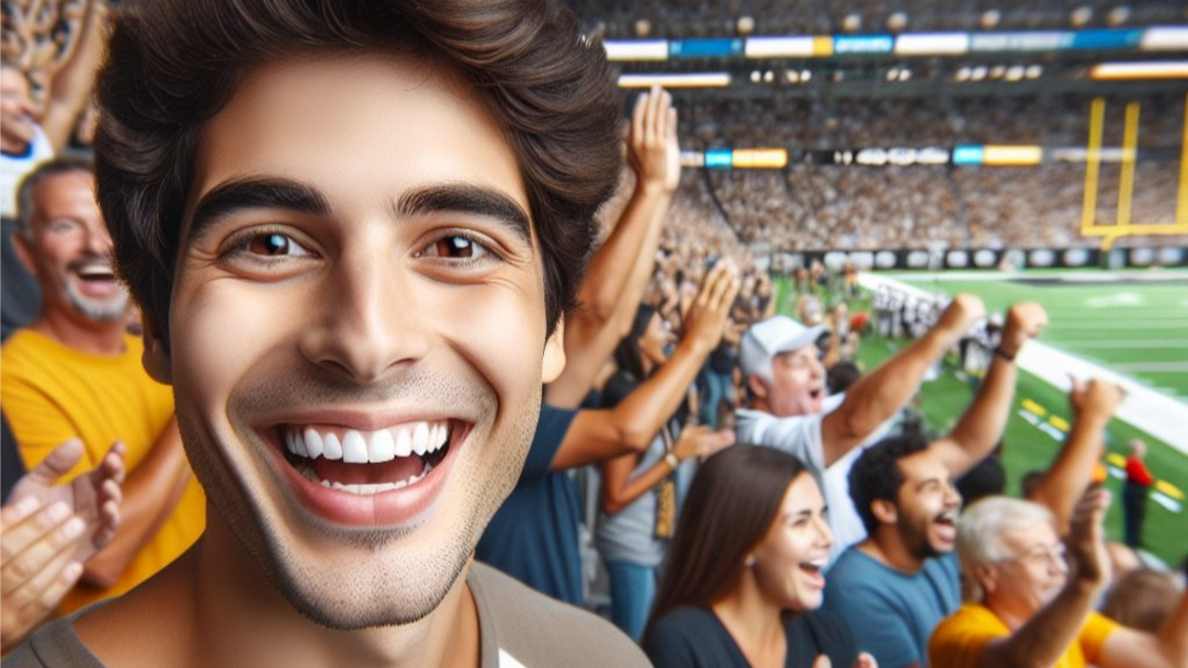 A person smiling in the crowd of an American football game