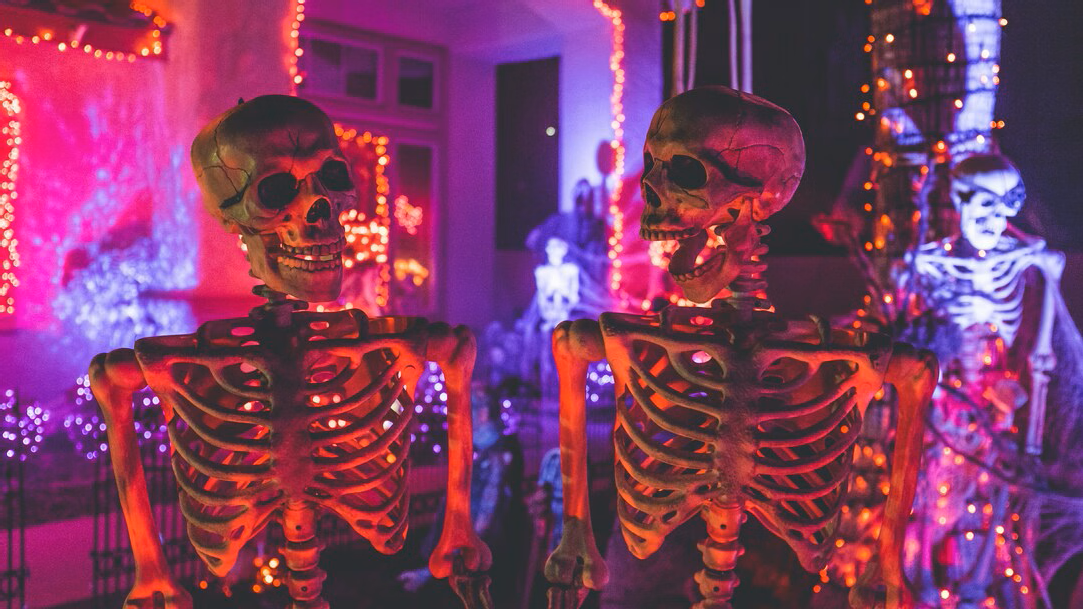  Several skeletons with red stringed lights hung all around the room