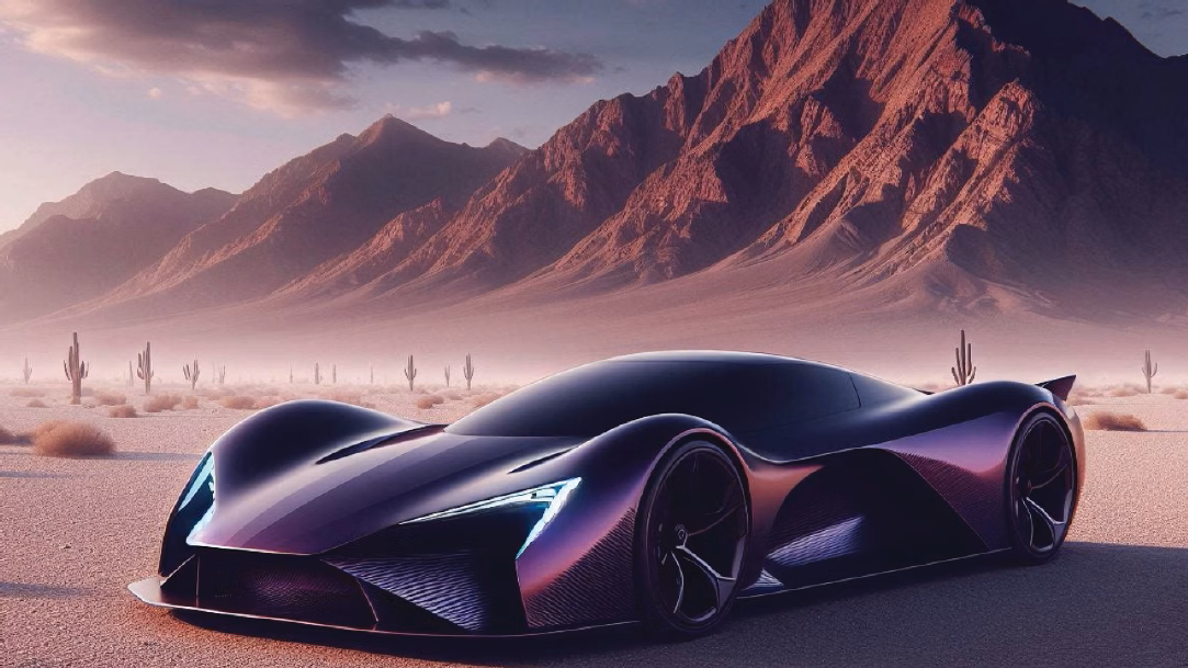 A digital rendering of a purple hyper car in the middle of the desert