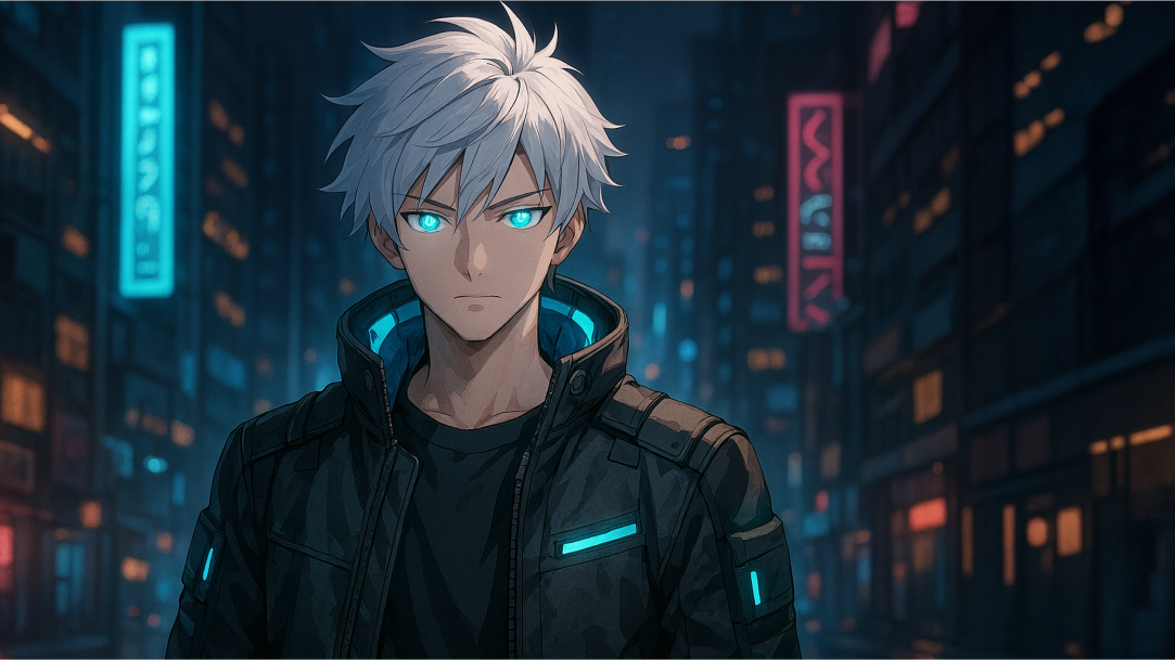 An anime‑style character with silver hair, a cyberpunk jacket, glowing blue eyes, and a calm but powerful expression