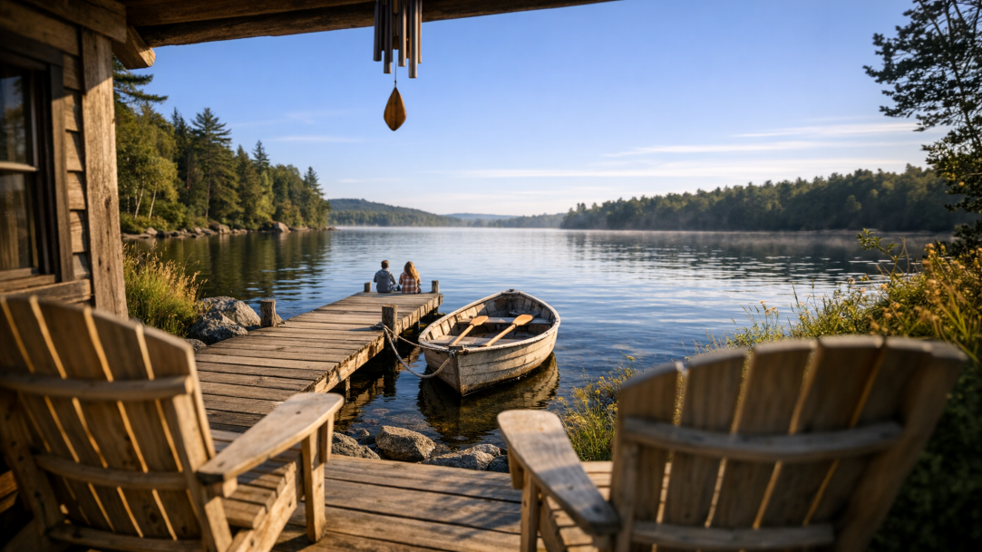 An AI-created image of a peaceful landscape with a small cabin by a lake