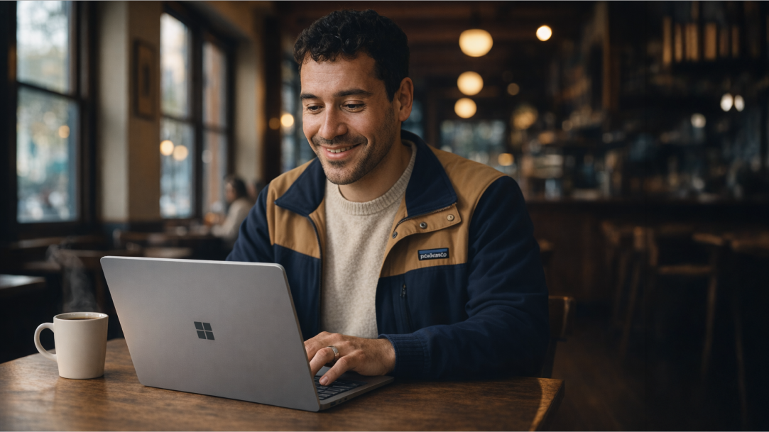 A happy, confident person using Copilot to ask AI research questions as a beginner