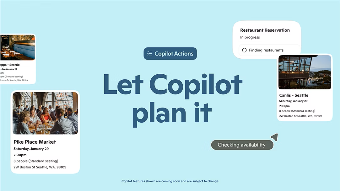 Dark blue text on a light blue back ground that says “Let Copilot plan it” below a dark blue text bubble with light blue text that says “Copilot Actions.” The text is surrounded by visual cards showing restaurant reservations and accommodations bookings